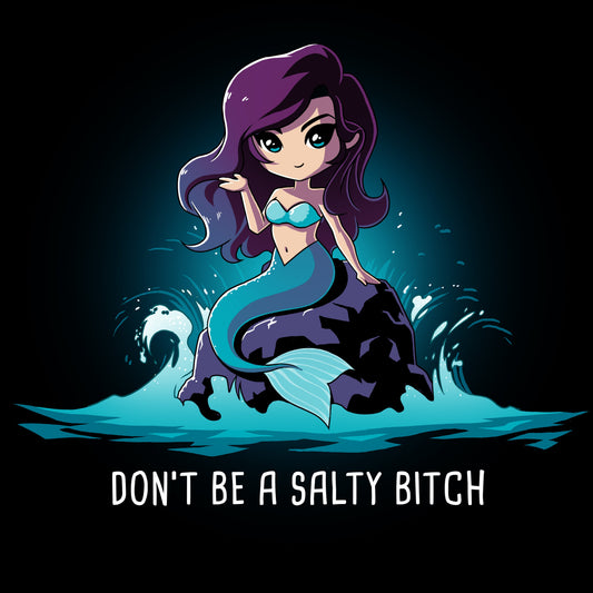 Premium Cotton T-shirt_TeeTurtle Salty Beach navy blue t-shirt featuring a magical purple-haired mermaid with a teal tail sitting on a rock in the ocean, with the pun 