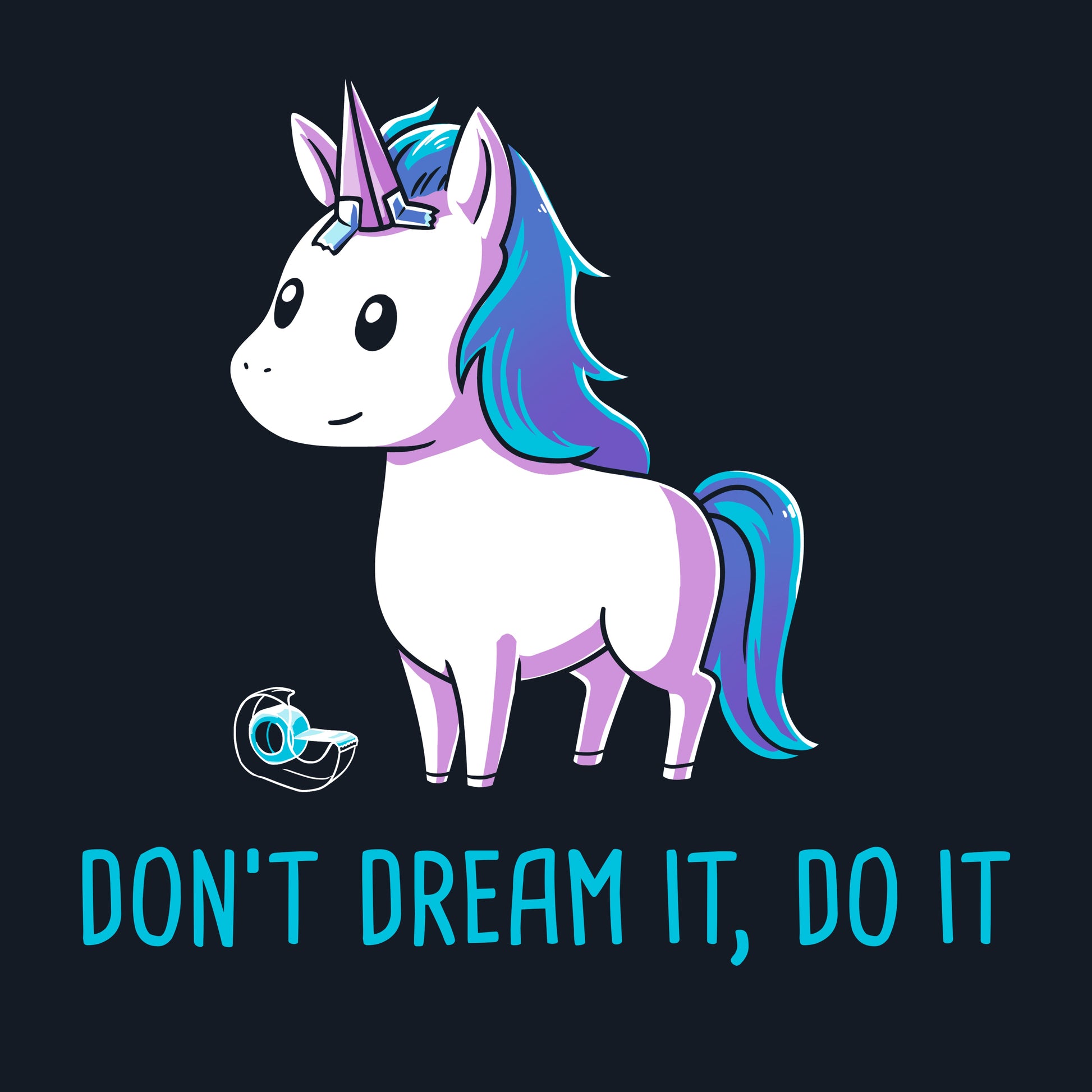 Premium Cotton T-shirt_TeeTurtle navy blue Don't Dream It Do It. Featuring a horse with a paper unicorn horn taped to its forehead.