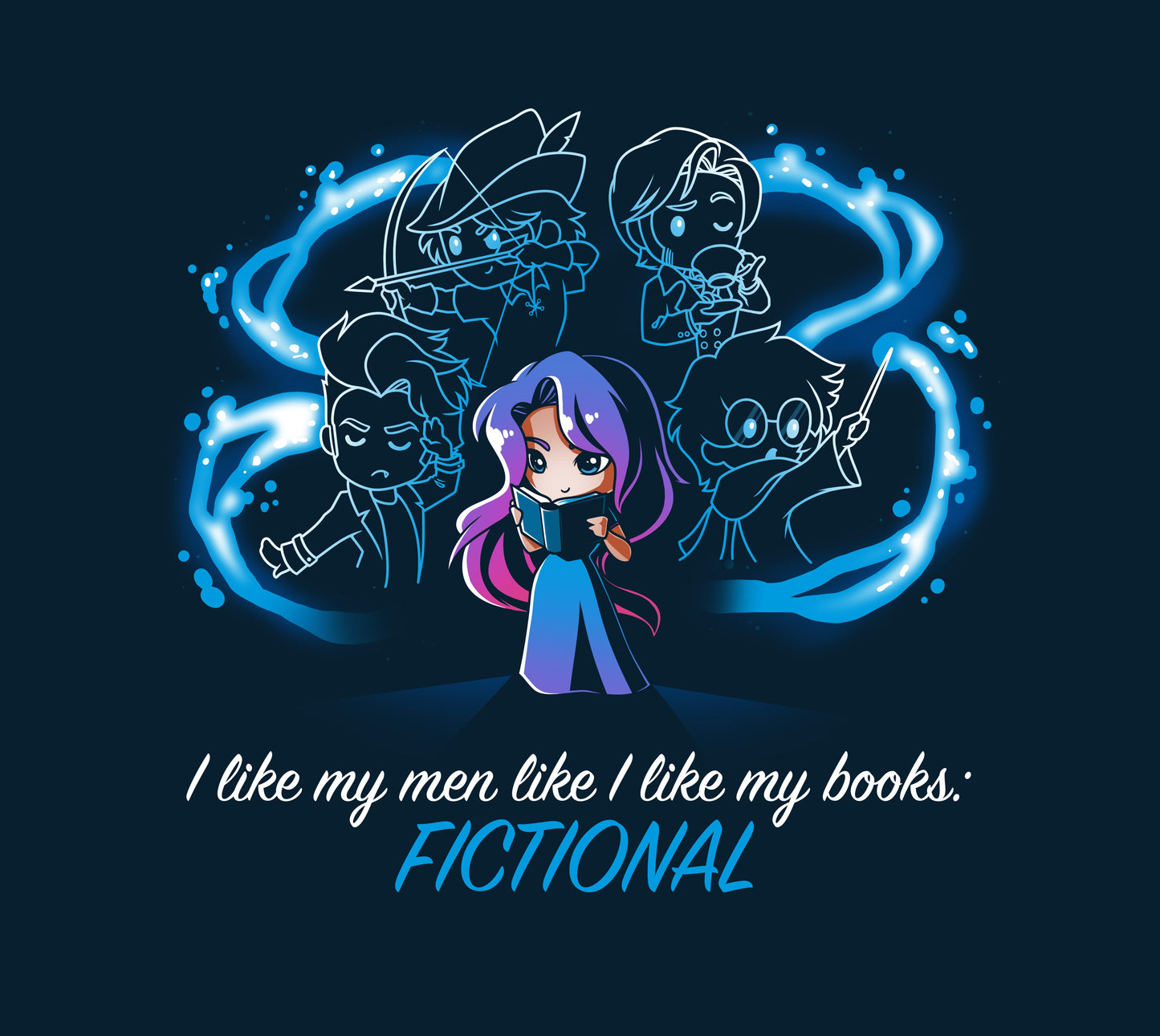 Premium Cotton T-shirt_TeeTurtle navy blue I <3 Fictional Men. Featuring a girl reading surrounded by specters of famous male book love interests.