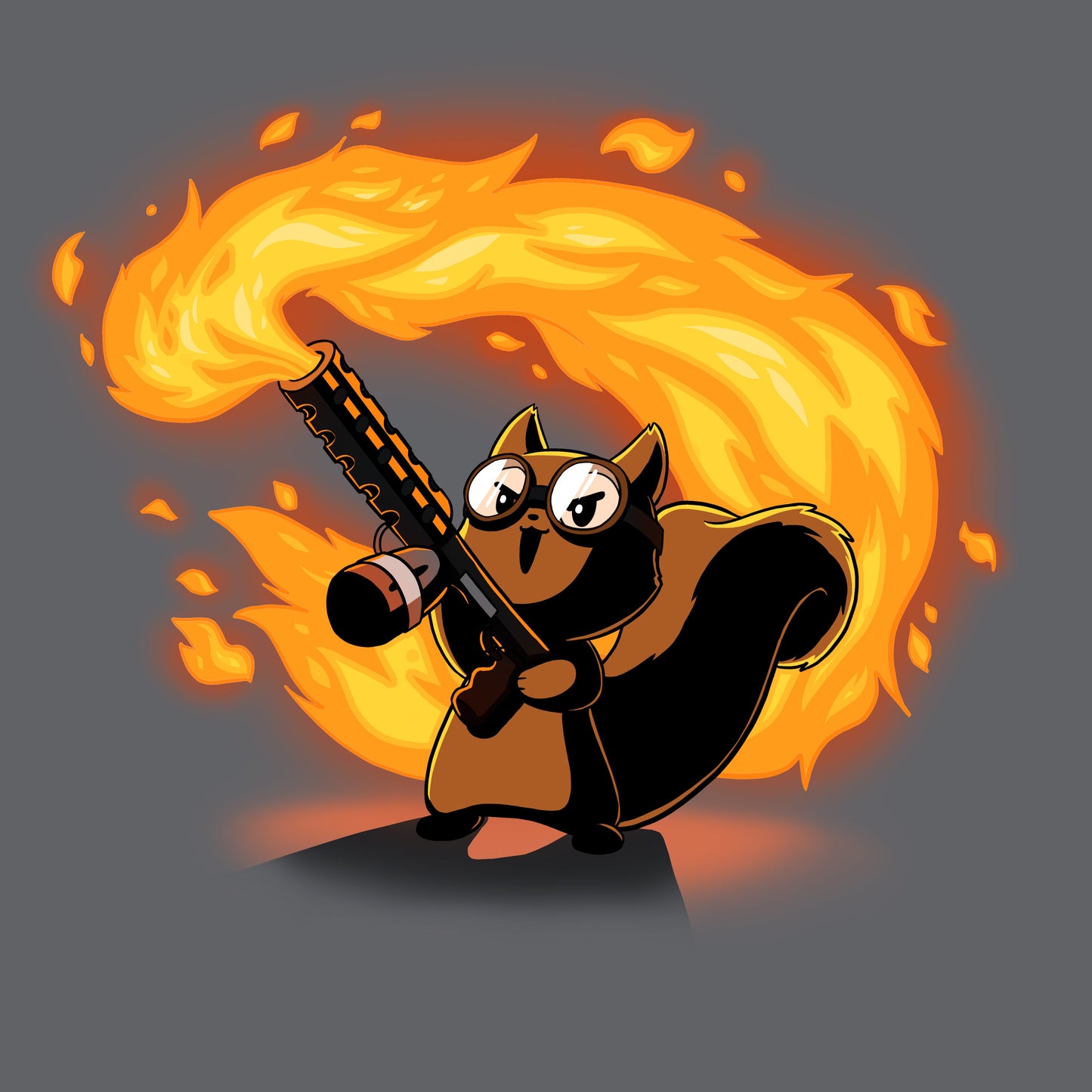 Premium Cotton T-shirt_TeeTurtle Pyromaniac Squirrel charcoal gray t-shirt featuring a cute fantasy squirrel in goggles gleefully wielding a flamethrower.