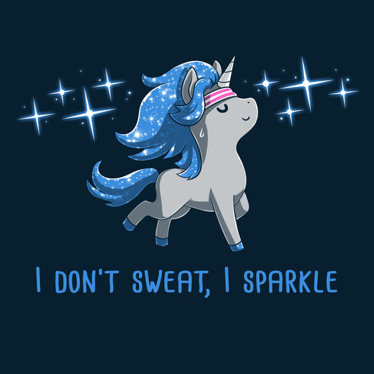 Premium Cotton T-shirt_TeeTurtle I Don't Sweat, I Sparkle navy blue t-shirt featuring a glistening unicorn with sweatband on, surrounded by sparkles.