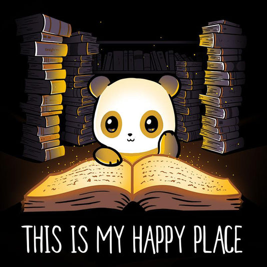 Premium Cotton T-shirt_TeeTurtle black My Happy Place. Featuring a panda in its happy place reading an open book surrounded by stacks of books.