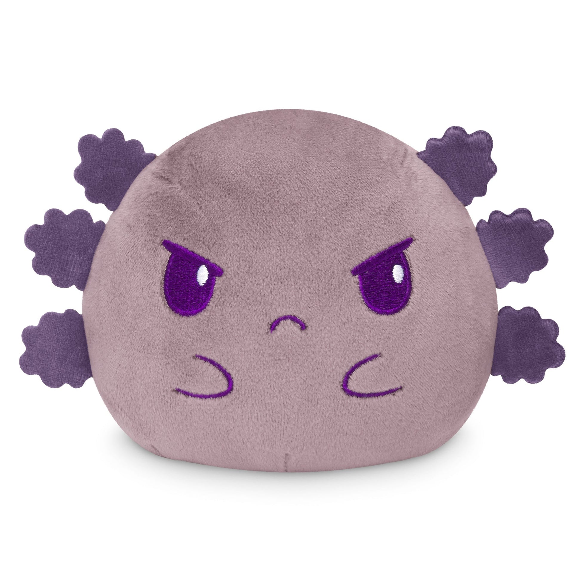 Sentence with given product and brand name: Plushiverse Axolotl Rainbows 4" Reversible plushie of a purple character with a displeased expression and three protrusions on each side by TeeTurtle.