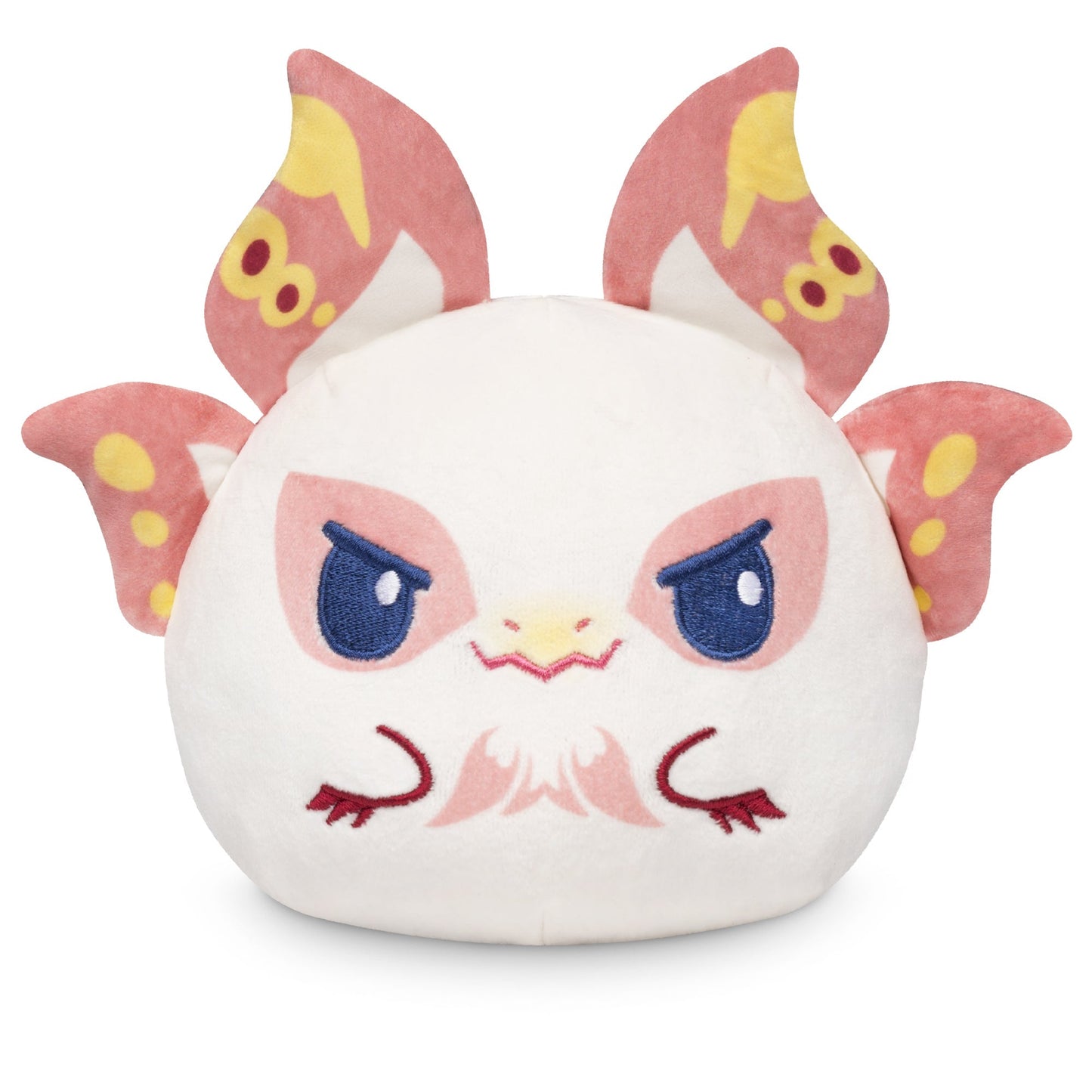 This Plushiverse Mizutsune 4" Reversible Plushie is part of the Monster Hunter collection, featuring a white face with blue eyes and pink eyebrows. It boasts pink and yellow butterfly-like ears and small red marks near its mouth, making it a standout stuffed toy for any fan.