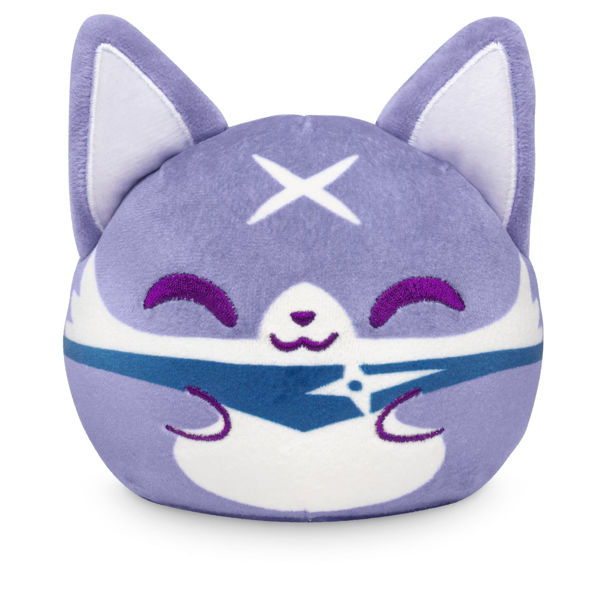 A TeeTurtle Plushiverse Palamute 4" Reversible Plushie of a purple cat with large ears, closed eyes, and a smiling expression, featuring white and purple patterns on its face and body. Suitable for Capcom plushies enthusiasts or anyone who loves unique stuffed toys.