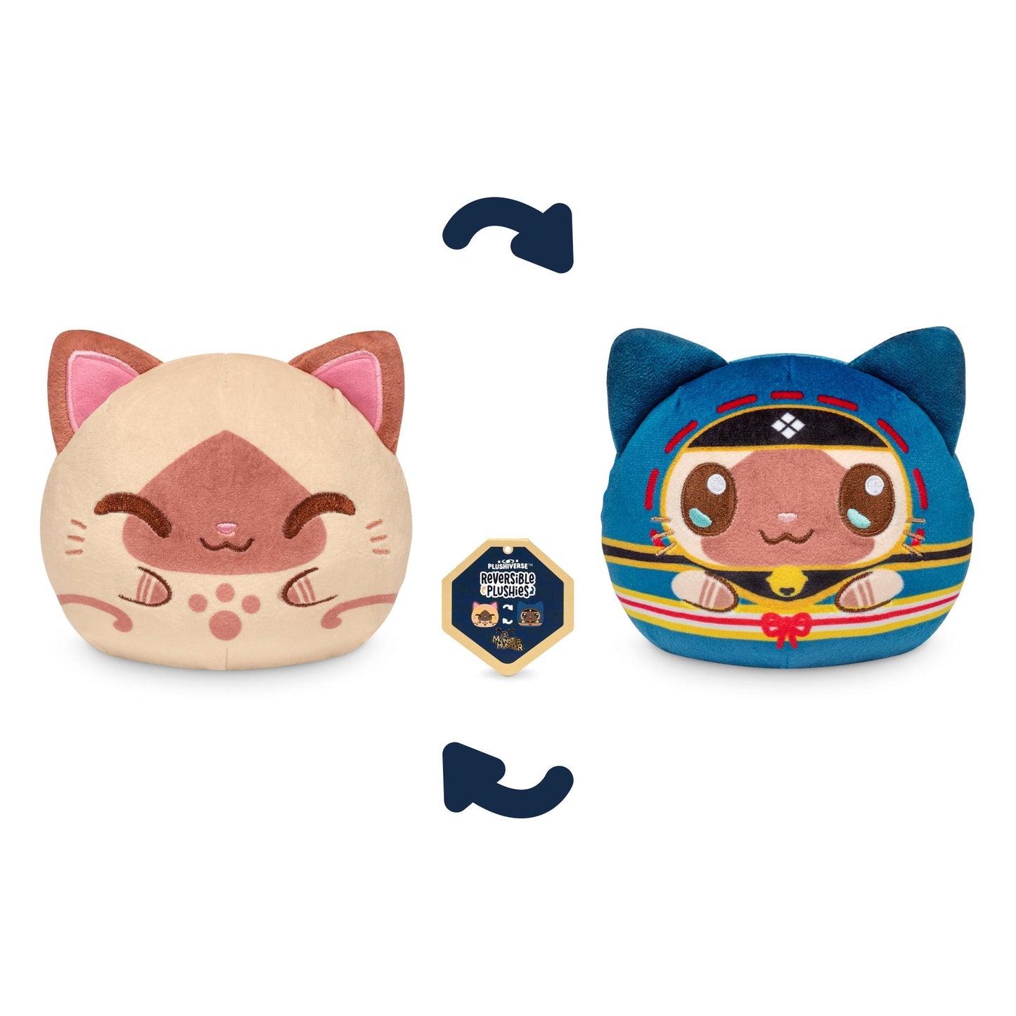 Two adorable stuffed toys with cat faces, one in beige with closed eyes and another in blue with open eyes and a colorful outfit, are shown. These Monster Hunter Plushiverse Palico 4" Reversible Plushies can be flipped, revealing different expressions.