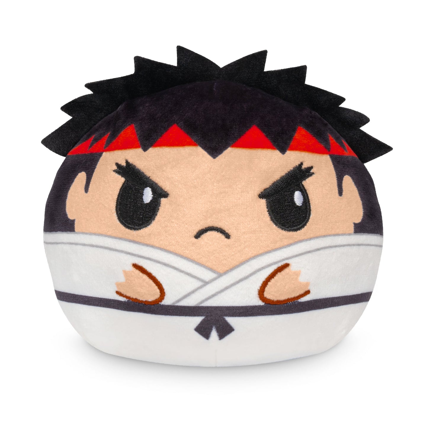 A Plushiverse Ryu and Chun Li 4" Reversible Plushie designed to look like a cartoon character with spiked black hair, a red headband, and a frowning facial expression, wearing a white outfit with a black belt. Part of the Street Fighter collection, it captures the iconic style beloved by fans.