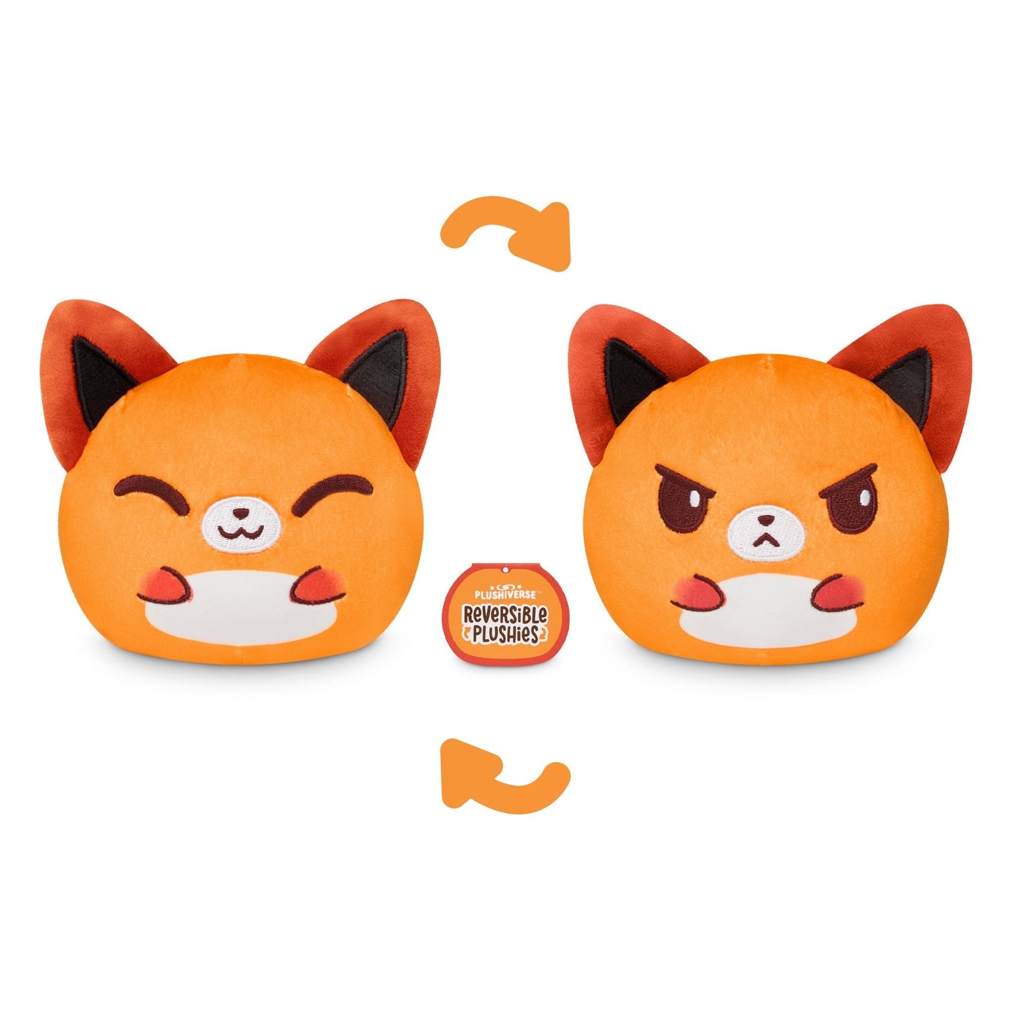 Two Plushiverse Sly Fox 4" Reversible Plushies by TeeTurtle, featuring one with a kawaii happy fox face and the other depicting an angry fox face.