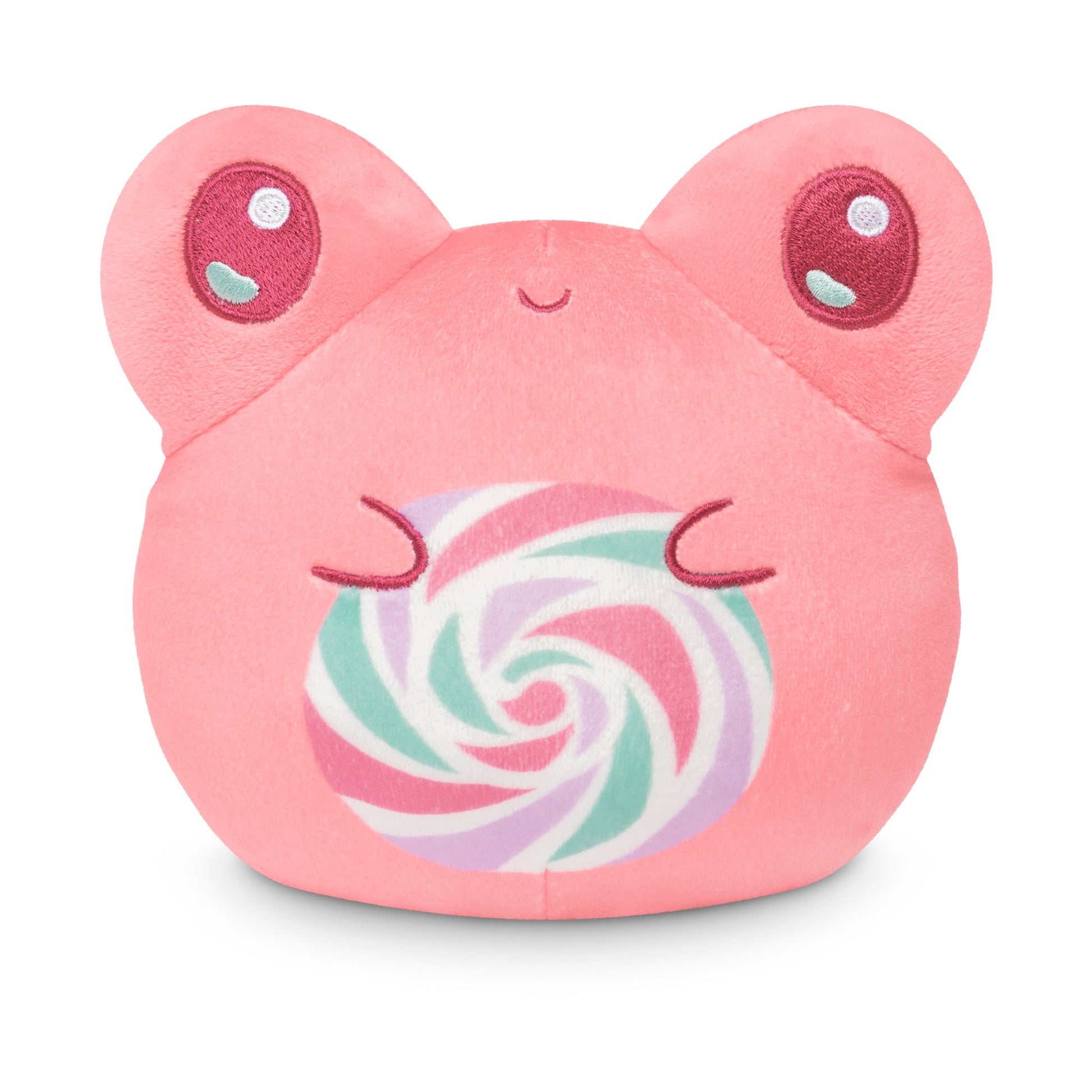 A Plushiverse Lollihop Frog 4” reversible plushie toy with a pink candy lollipop design by TeeTurtle.