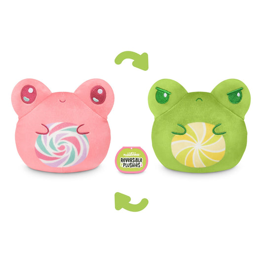 A TeeTurtle Plushiverse Lollihop Frog 4” Reversible Plushie toy with green and pink colors, showcasing its emotions with an arrow pointing to it.