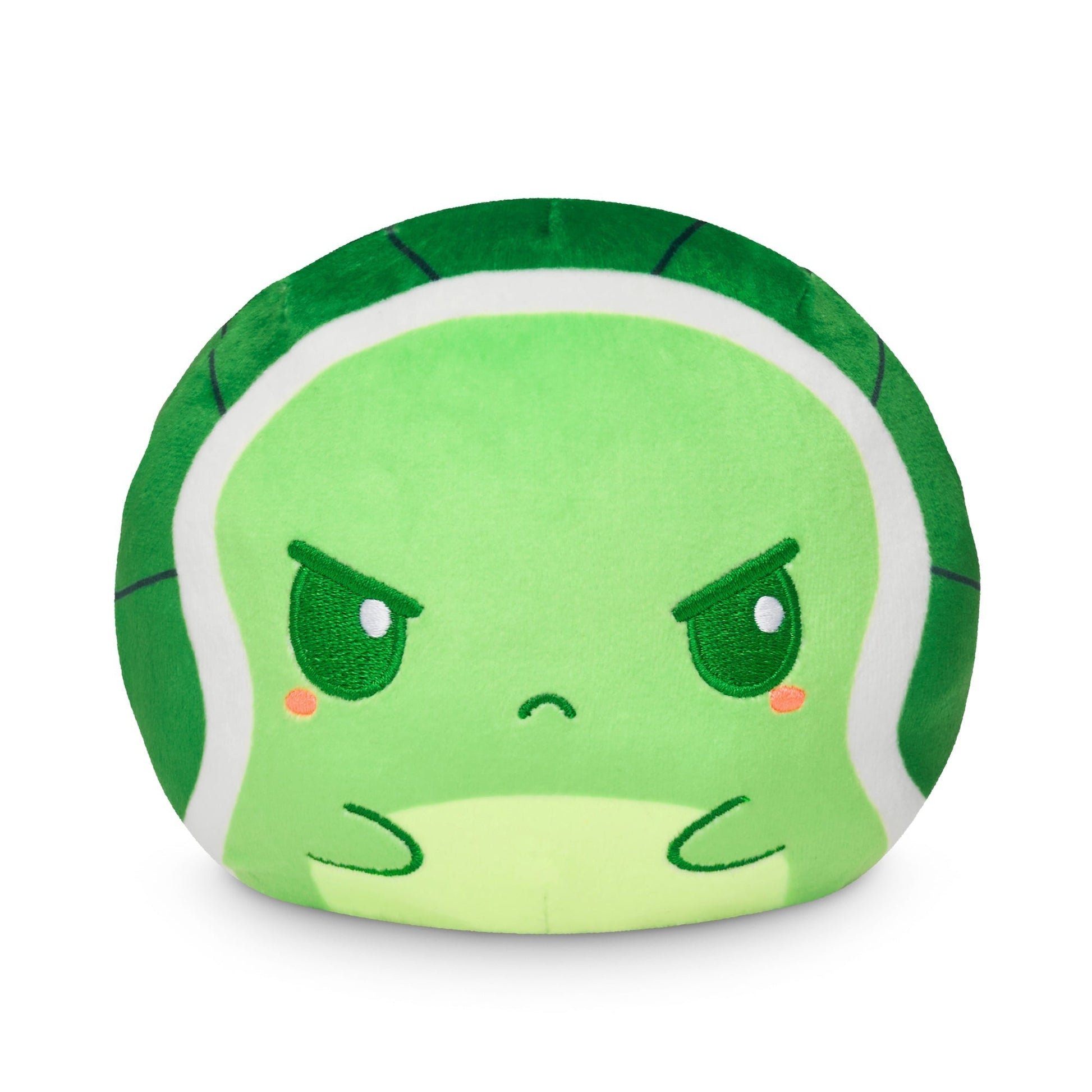 Green Plushiverse Totally Turtle 4" Reversible Plushie with an angry expression and headphone design.