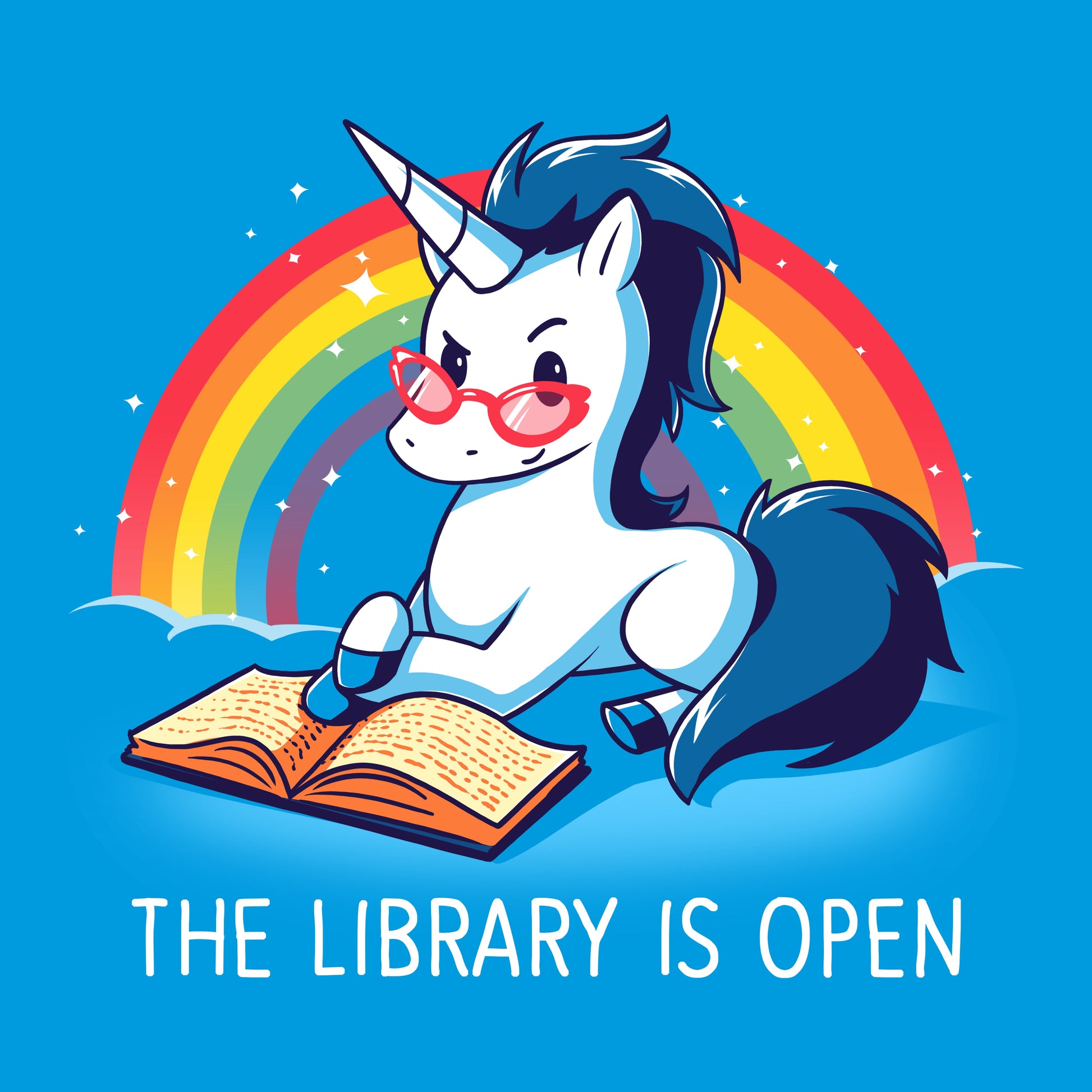 Premium Cotton T-shirt_TeeTurtle The Library is Open cobalt blue t-shirt featuring a unicorn with glasses reading a book against a rainbow backdrop.