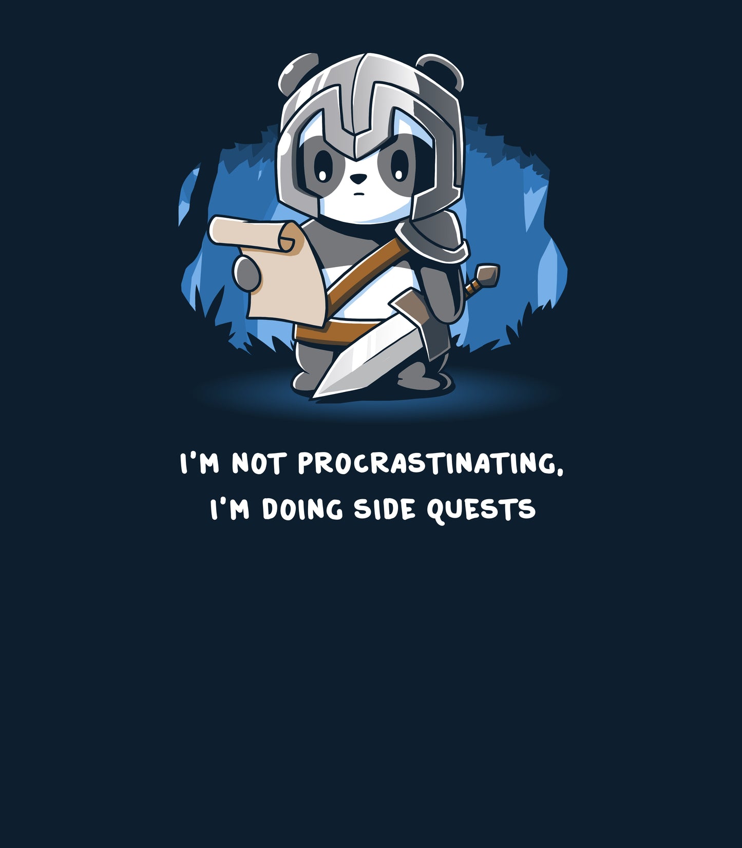 Crew Neck Sweatshirt_TeeTurtle navy blue I'm Doing Side Quests. Featuring a warrior panda holding a scroll saying, "I'm not procrastinating, I'm doing side quests.".