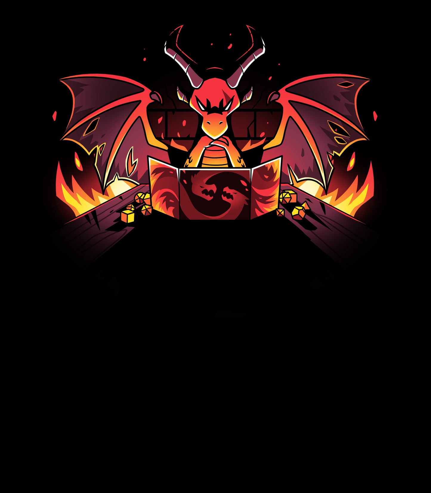 Long Sleeve T-shirt_TeeTurtle black Dragon Master. Featuring a sinister-looking dragon dungeon master with flames in the background.