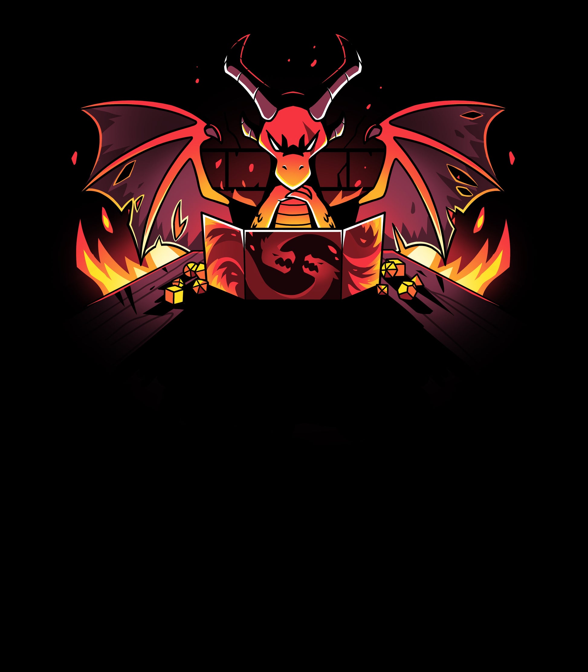 Long Sleeve T-shirt_TeeTurtle black Dragon Master. Featuring a sinister-looking dragon dungeon master with flames in the background.