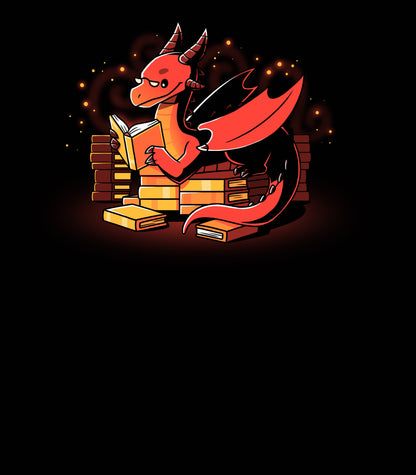 Crew Neck Sweatshirt__TeeTurtle Book Hoarder black design featuring a red dragon with horns and wings, reading a book while sitting among piles of books against a dark background with glowing embers.