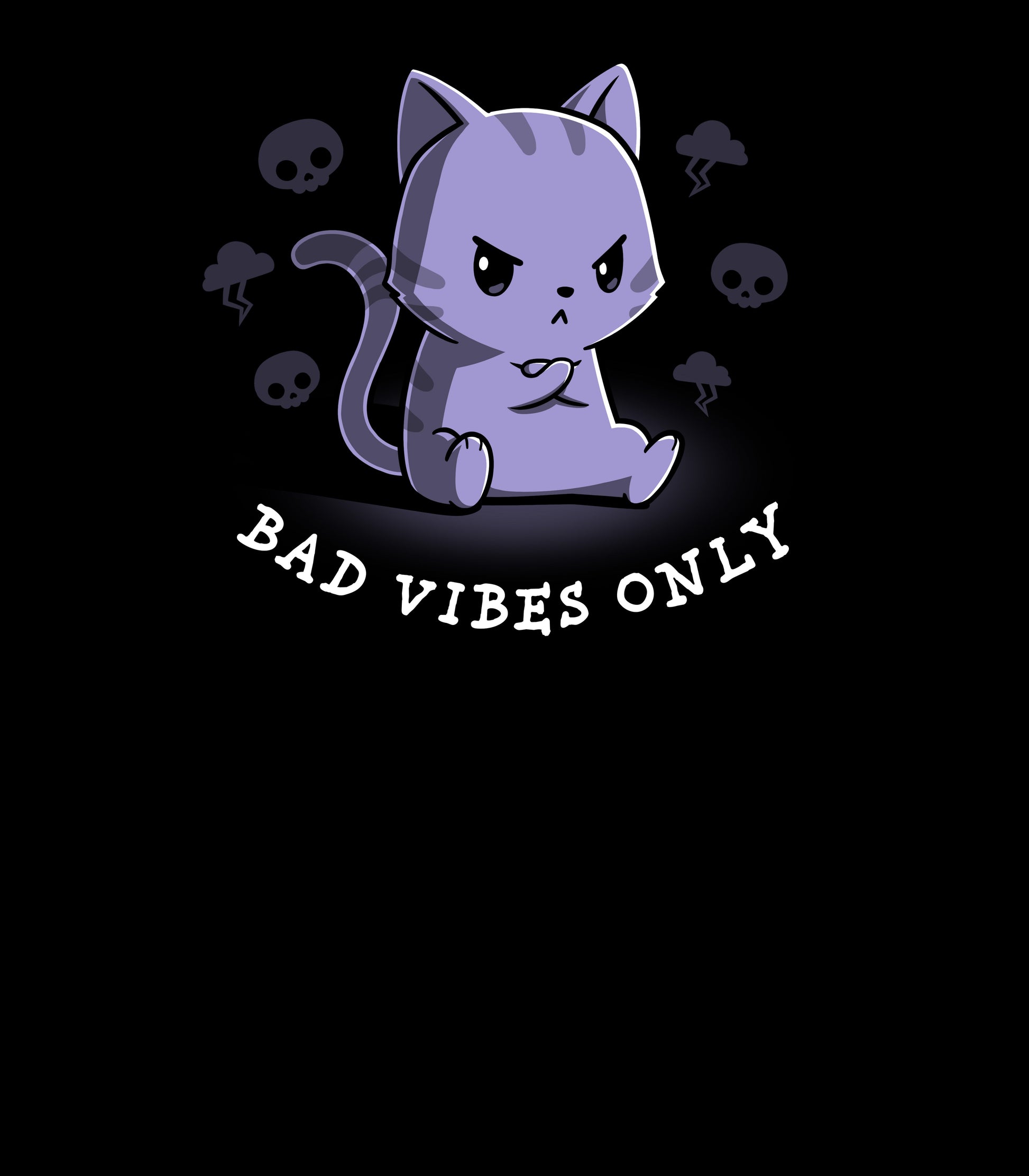 Crew Neck Sweatshirt_Teeturtle Bad Vibes Only black design featuring an angry grumpy looking cat with its forepaws crossed and surrounded by skulls and lightning clouds with 'Bad Vibes Only' written underneath it.