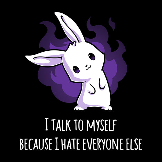 Premium Cotton T-shirt_Teeturtle I Hate Everyone black t-shirt featuring a white bunny with a mischievous expression standing in front of a purple flame. Text below reads, 