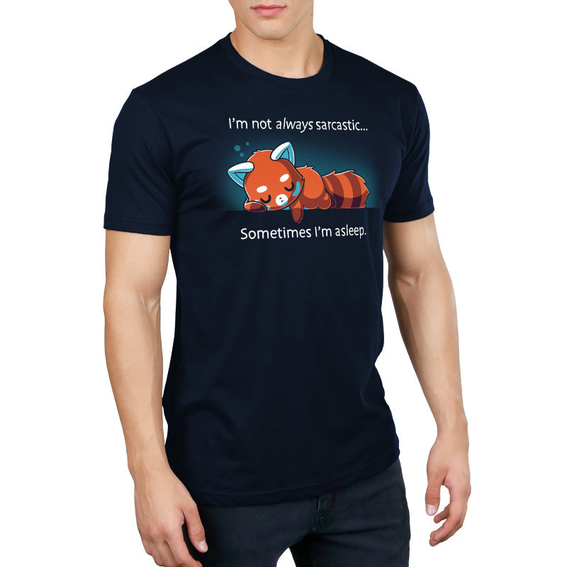 Premium Cotton T-shirt_TeeTurtle I'm Not Always Sarcastic navy blue t-shirt featuring a tired red panda sleeping.