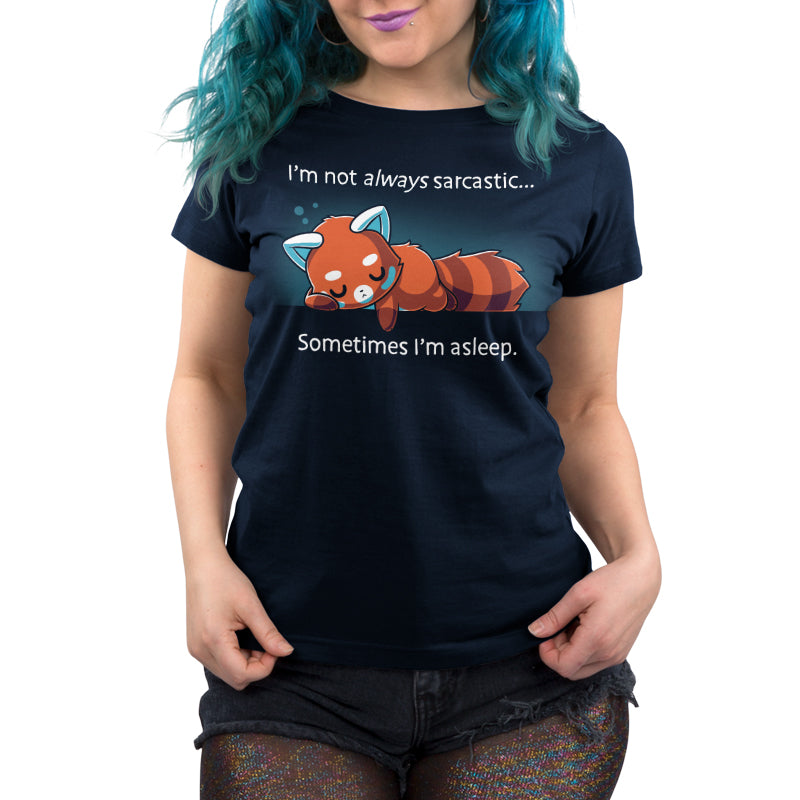 Premium Cotton T-shirt_TeeTurtle I'm Not Always Sarcastic navy blue t-shirt featuring a tired red panda sleeping.