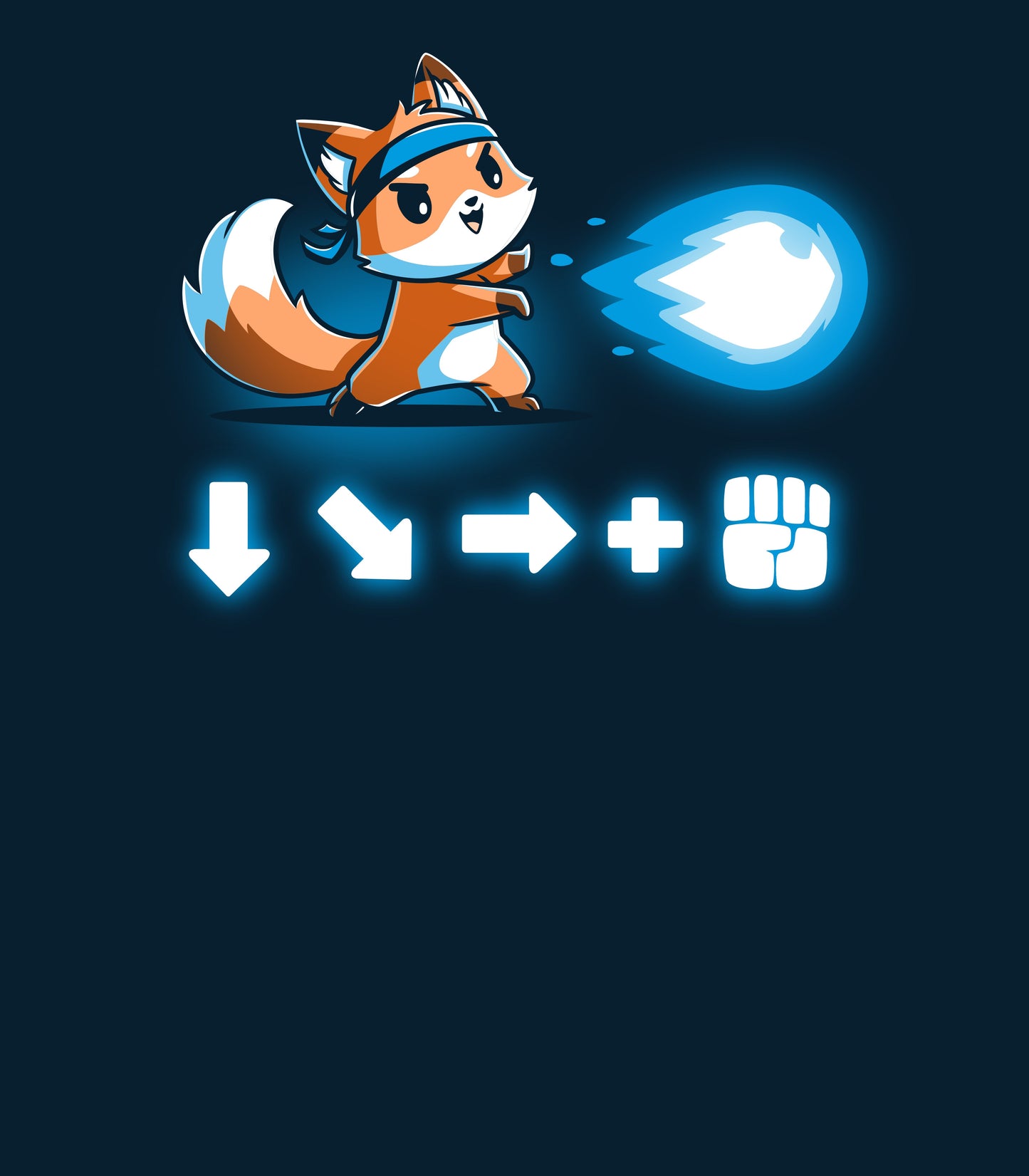 Long Sleeve T-shirt_Teeturtle Combo Attack navy blue t-shirt featuring a cute little fox wearing a headband firing off a Hadouken fireball with the game input command beneath.