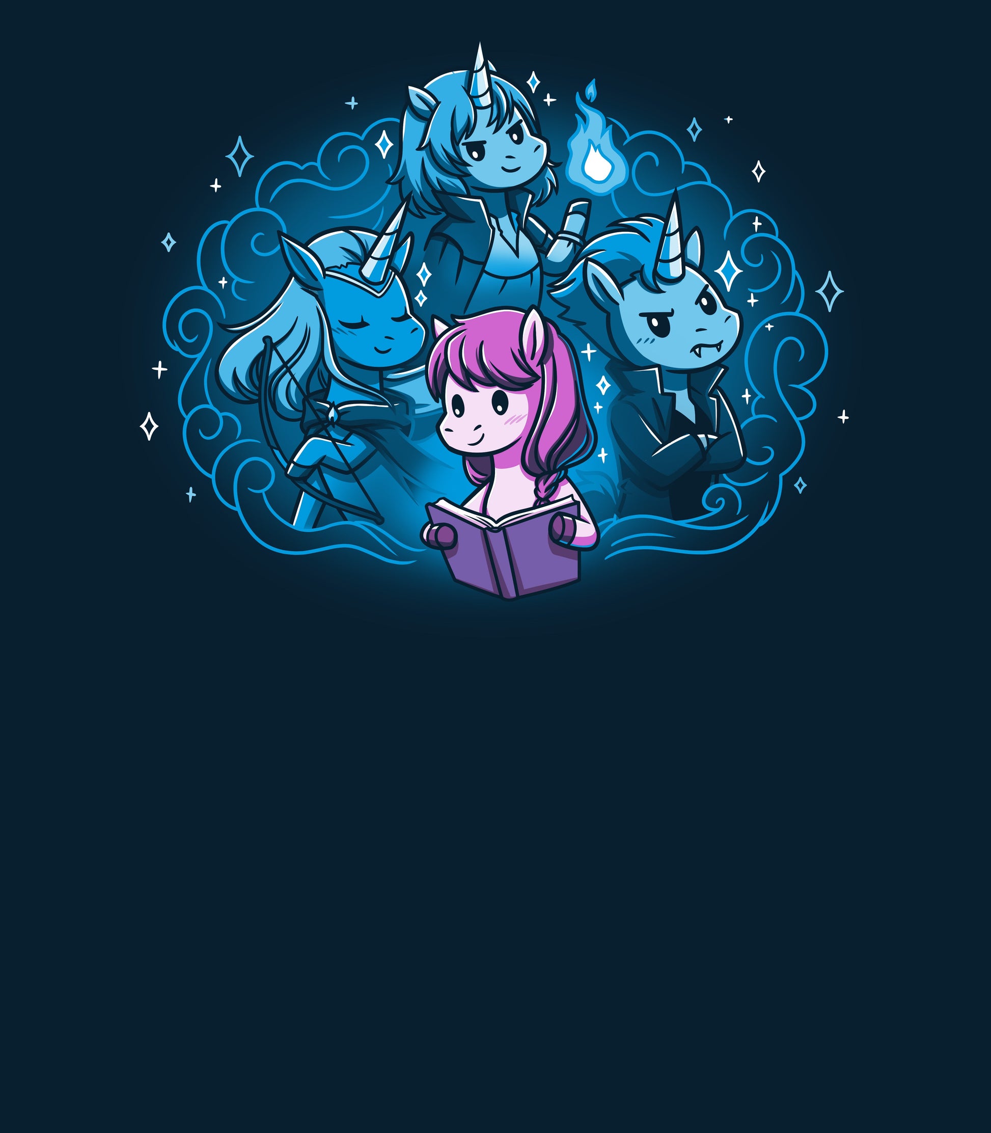 Long Sleeve T-shirt_Teeturtle I Love My Fictional Boyfriends navy blue t-shirt featuring a cute unicorn reading a book dreaming about their fictional boyfriends, an elf archer unicorn, a mage unicorn and a vampire unicorn.