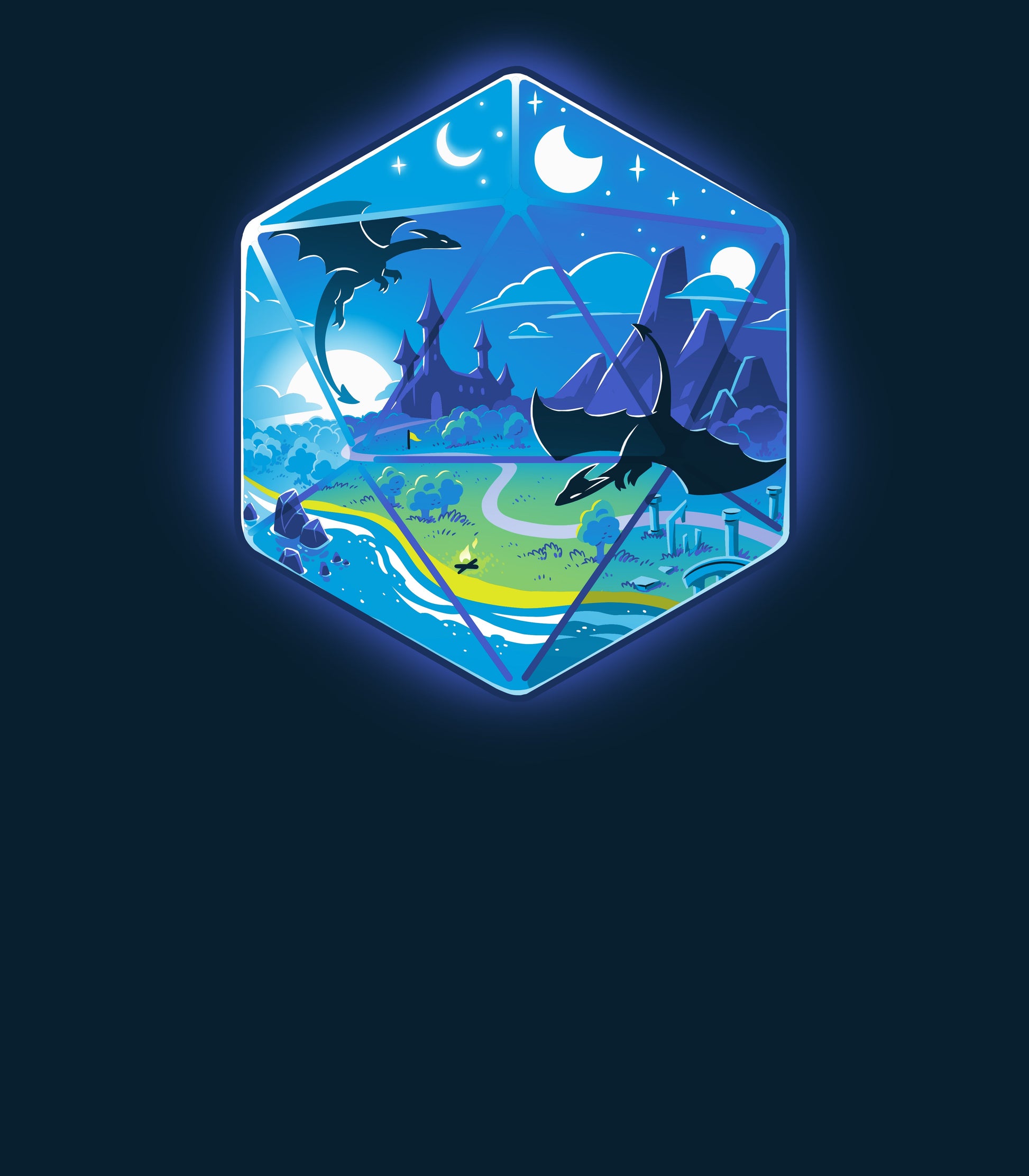 Pullover Hoodie_Illustration of a fantasy world within a hexagonal frame, featuring flying dragons, a castle, mountains, a river, and both the sun and moon in the sky. Perfect for your monsterdigital D20 Landscape apparel collection in super soft ringspun cotton.