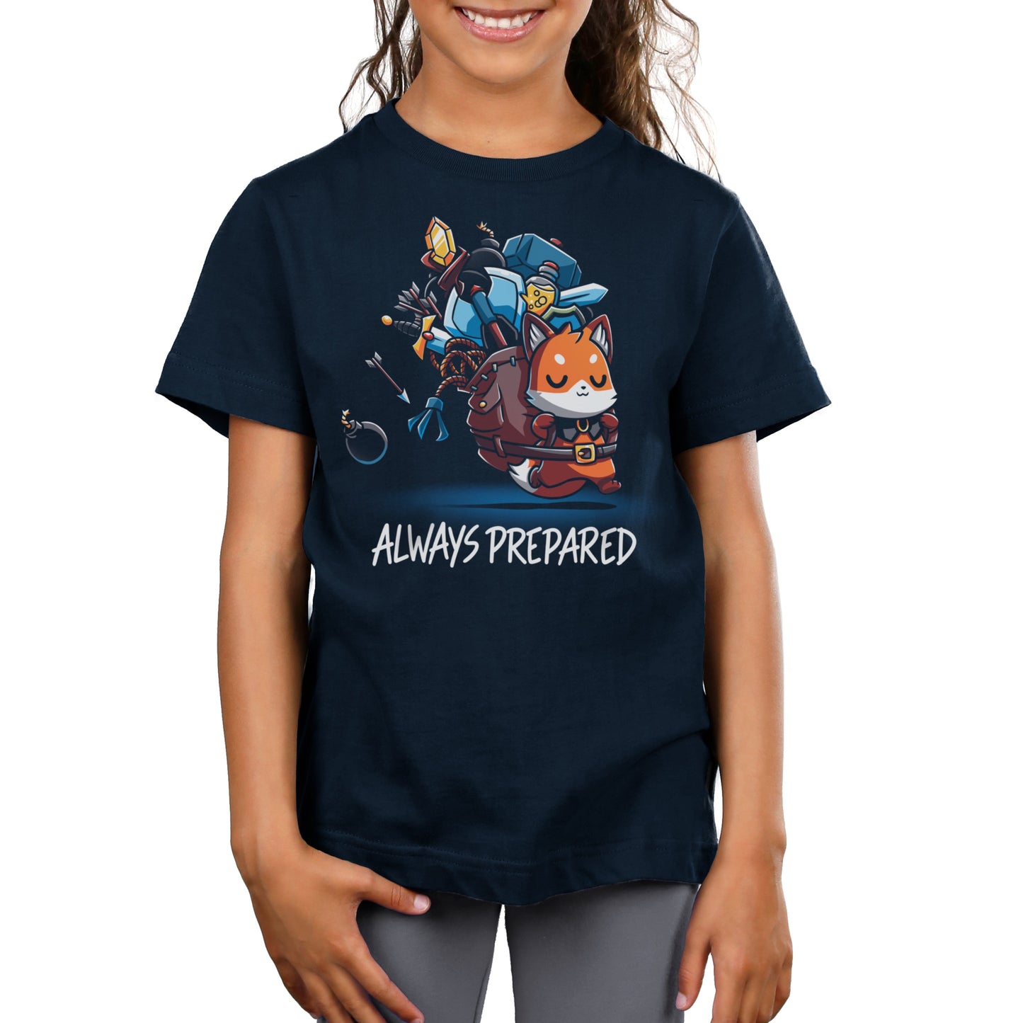 Premium Cotton T-shirt_TeeTurtle Always Prepared navy blue t-shirt featuring a fantasy cartoon fox dressed as an adventurer carrying an oversized backpack filled with weapons and tools.