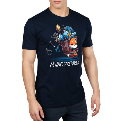 Premium Cotton T-shirt_TeeTurtle Always Prepared navy blue t-shirt featuring a fantasy cartoon fox dressed as an adventurer carrying an oversized backpack filled with weapons and tools.