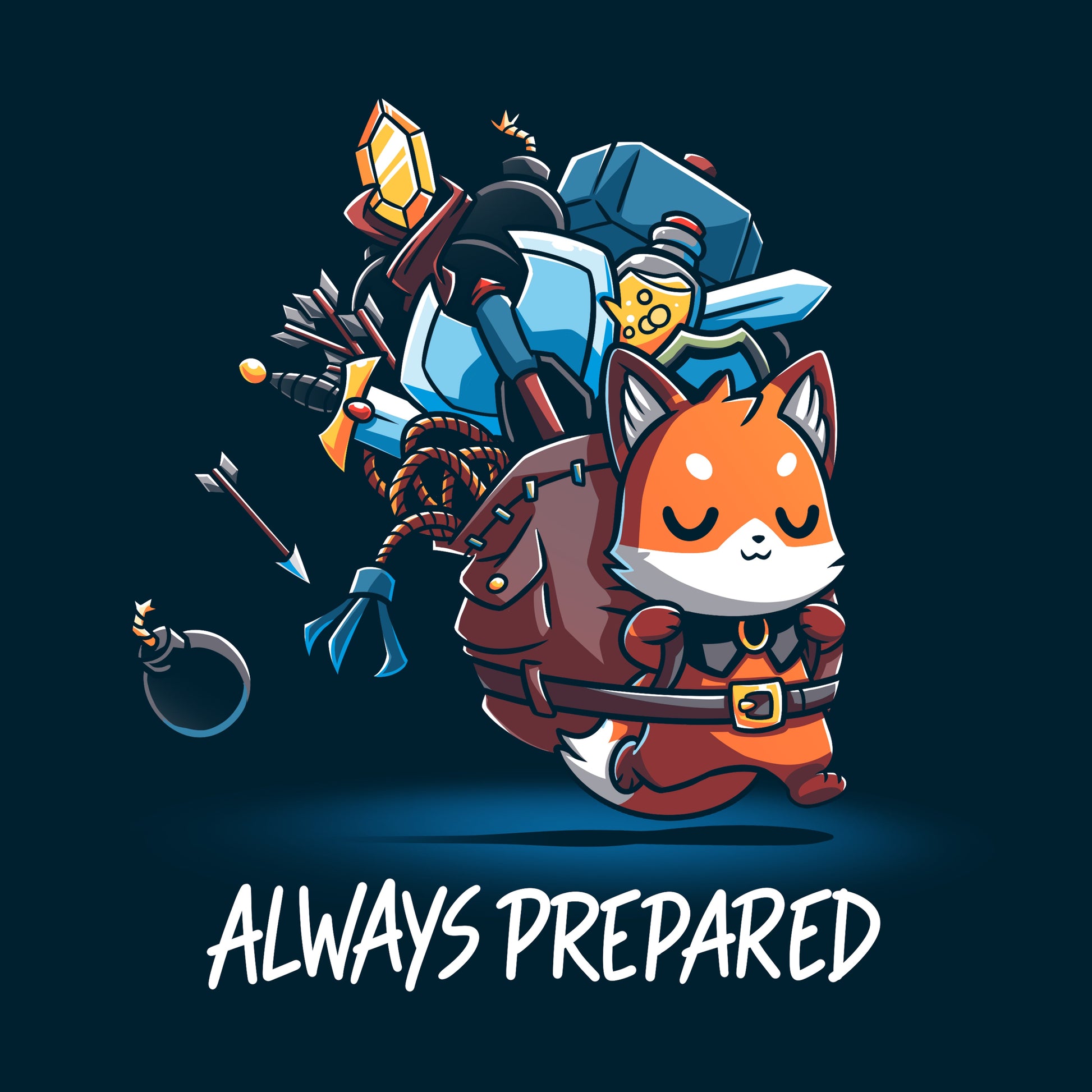 Premium Cotton T-shirt_TeeTurtle Always Prepared navy blue t-shirt featuring a fantasy cartoon fox dressed as an adventurer carrying an oversized backpack filled with weapons and tools.