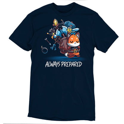 Premium Cotton T-shirt_TeeTurtle Always Prepared navy blue t-shirt featuring a fantasy cartoon fox dressed as an adventurer carrying an oversized backpack filled with weapons and tools.