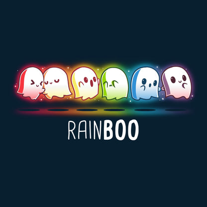 Premium Cotton T-shirt_TeeTurtle Rainboo Navy Blue t-shirt featuring six colorful spooky pride ghosts arranged in a line, each representing a color of the rainbow. The word "RAINBOO" is below them, with the "BOO" in a different font for emphasis.