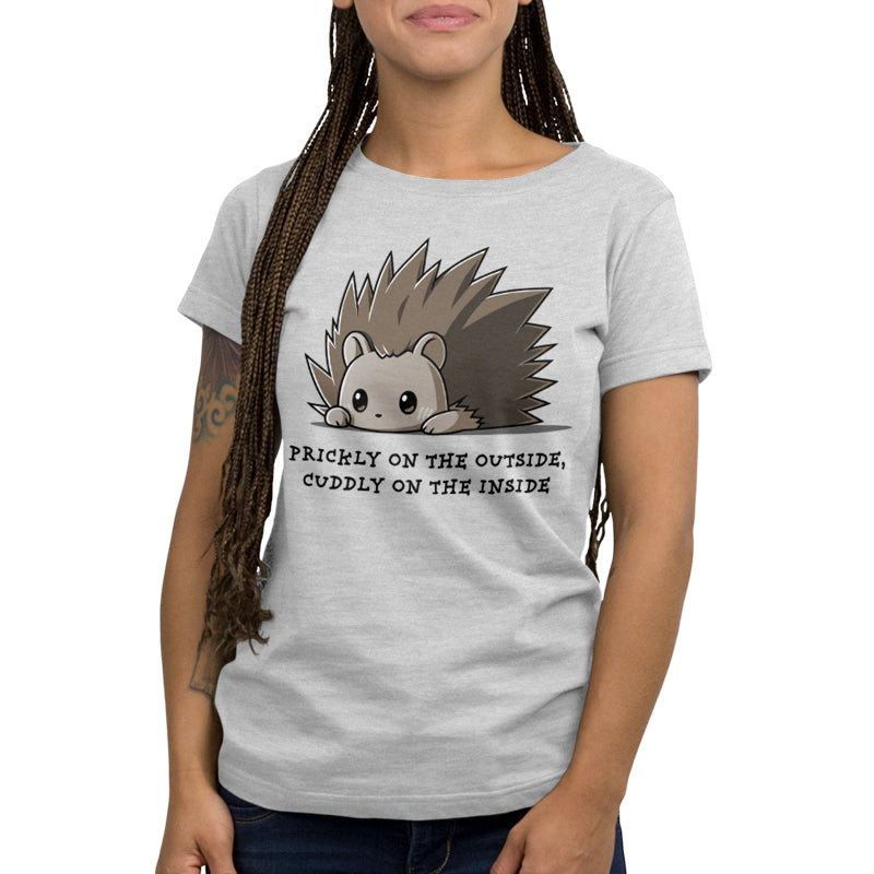 Premium Cotton T-shirt_Teeturtle Prickly On The Outside, Cuddly On The Inside silver gray t-shirt featuring an adorable little cartoon porcupine with the words 'prickly on the outside, cuddly on the inside.' written beneath.