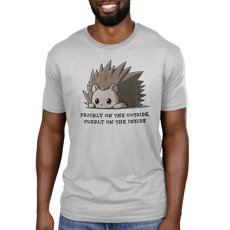 Premium Cotton T-shirt_Teeturtle Prickly On The Outside, Cuddly On The Inside silver gray t-shirt featuring an adorable little cartoon porcupine with the words 'prickly on the outside, cuddly on the inside.' written beneath.