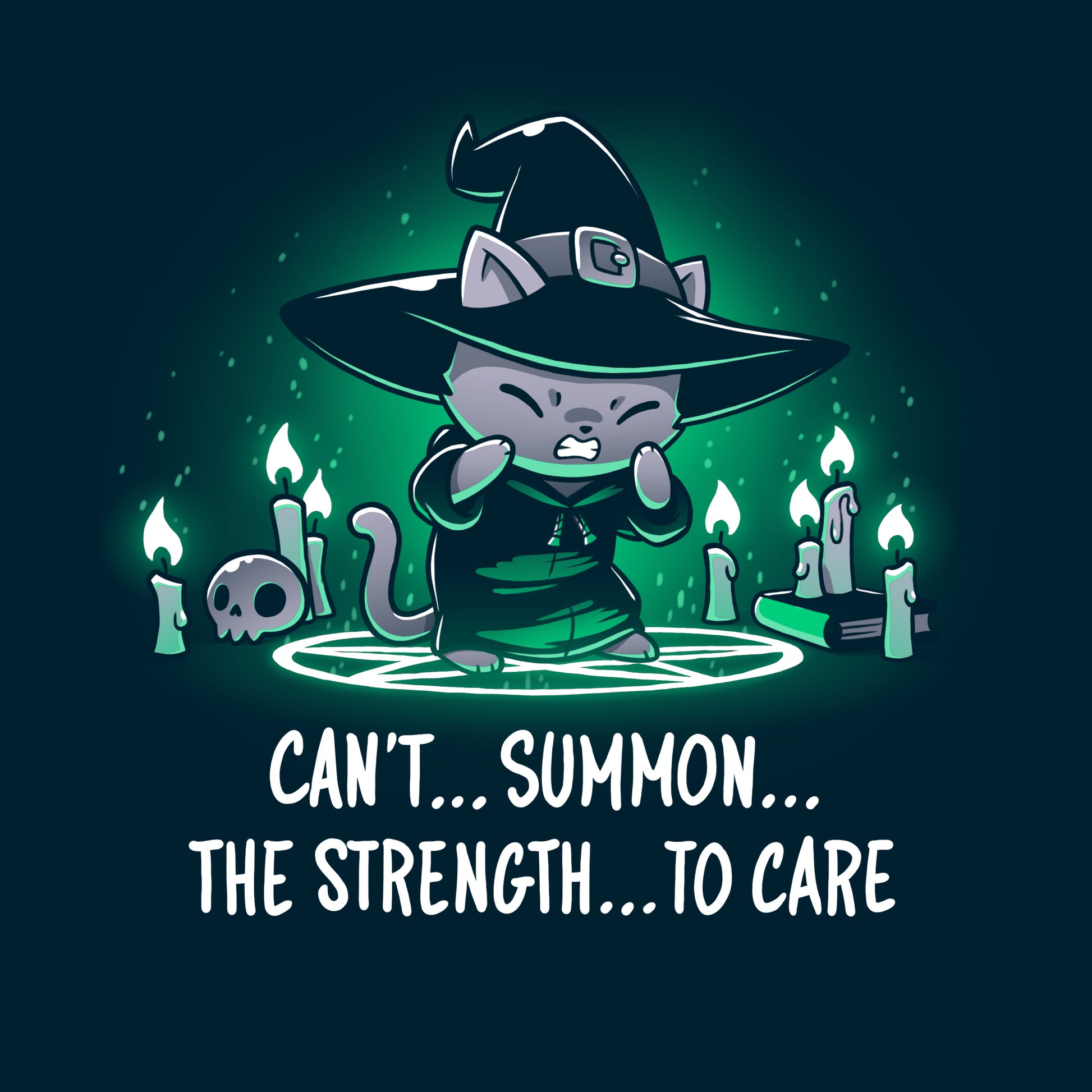 Premium Cotton T-shirt_TeeTurtle Can't Summon The Strength To Care Navy Blue t-shirt featuring a grey cat in a black witch's hat and black robe struggling to cast a spell. It's standing in a summoning circle with candles, a scull, and a book around it. It is surrounded by a green glow. Text underneath it says "Can't... summon... the strength... to care"