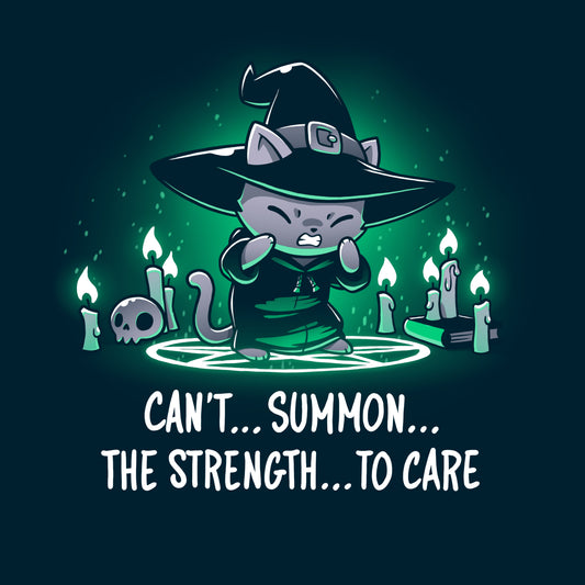 Premium Cotton T-shirt_TeeTurtle Can't Summon The Strength To Care Navy Blue t-shirt featuring a grey cat in a black witch's hat and black robe struggling to cast a spell. It's standing in a summoning circle with candles, a scull, and a book around it. It is surrounded by a green glow. Text underneath it says 