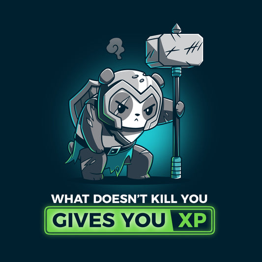 Premium Cotton T-shirt_TeeTurtle What Doesn’t Kill You Gives You XP navy blue t-shirt featuring a battle-worn, armored panda with a war hammer.