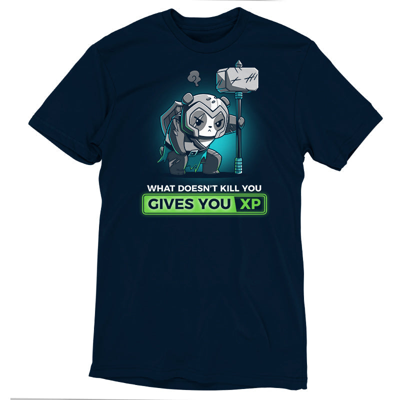 Premium Cotton T-shirt_TeeTurtle What Doesn’t Kill You Gives You XP navy blue t-shirt featuring a battle-worn, armored panda with a war hammer.