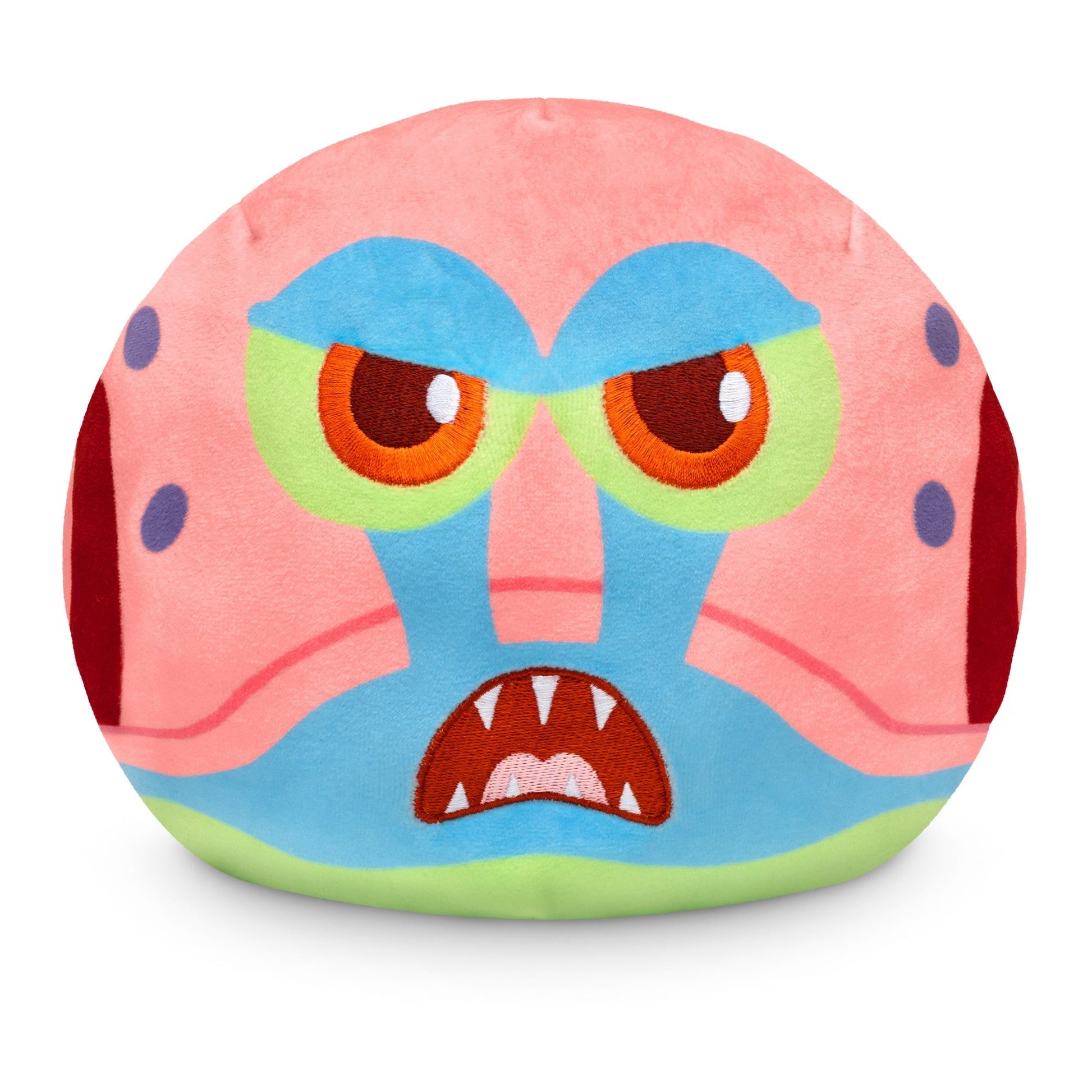 A Nickelodeon Plushiverse SpongeBob 6” Reversible Plushie with a pink body, blue face, and red angry eyes and mouth.