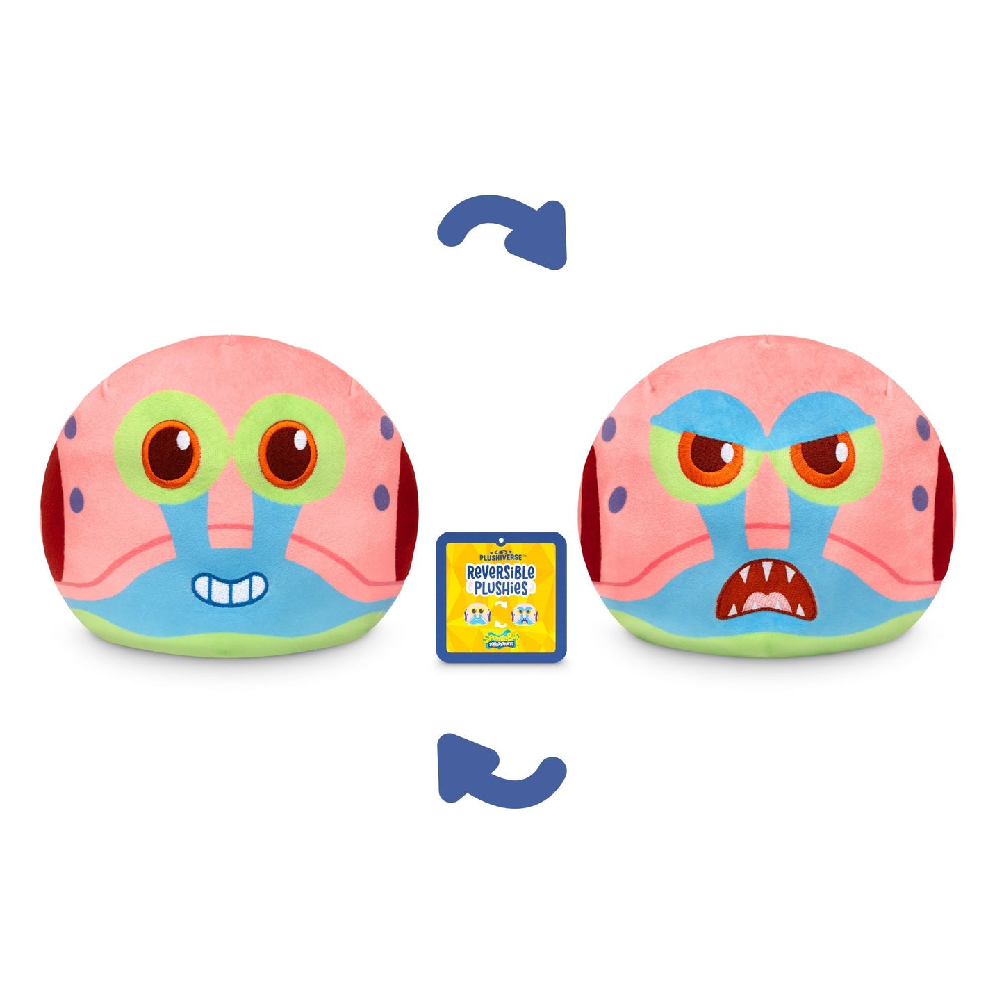 Two reversible plush toys, one side displays a happy face, the other an angry face. Arrows indicate the ability to flip between expressions. Packaging in the middle reads "Plushiverse SpongeBob 6” Reversible Plushie," making it a delightful stuffed toy for all ages by Nickelodeon.