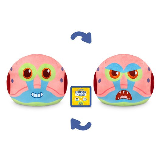 Two reversible plush toys, one side displays a happy face, the other an angry face. Arrows indicate the ability to flip between expressions. Packaging in the middle reads 