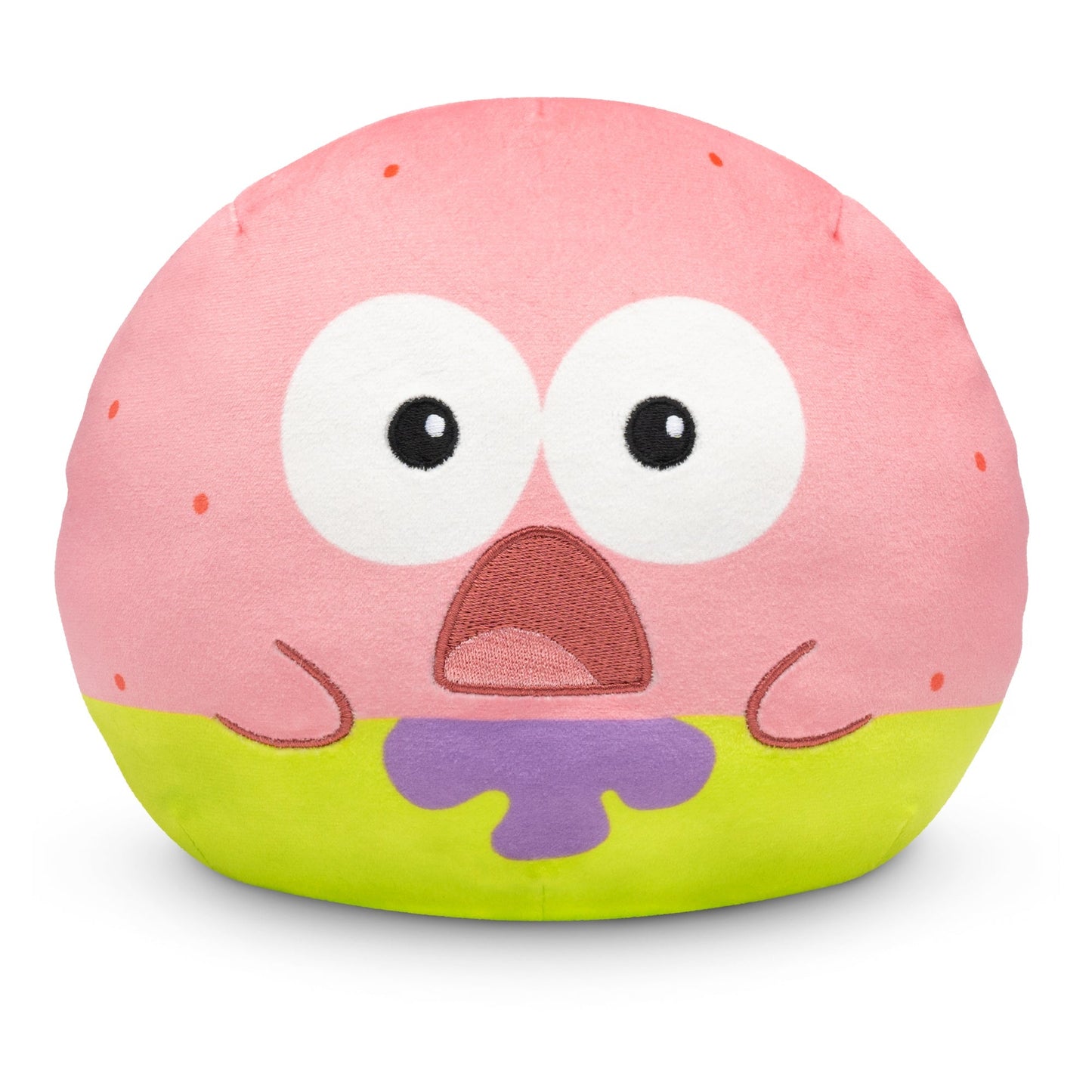 A round, pink Nickelodeon Plushiverse Patrick 6” Reversible Plushie resembling a character with wide eyes, small pink dots, and an open mouth, featuring a green and purple base section; it's a charming addition to any SpongeBob collection.