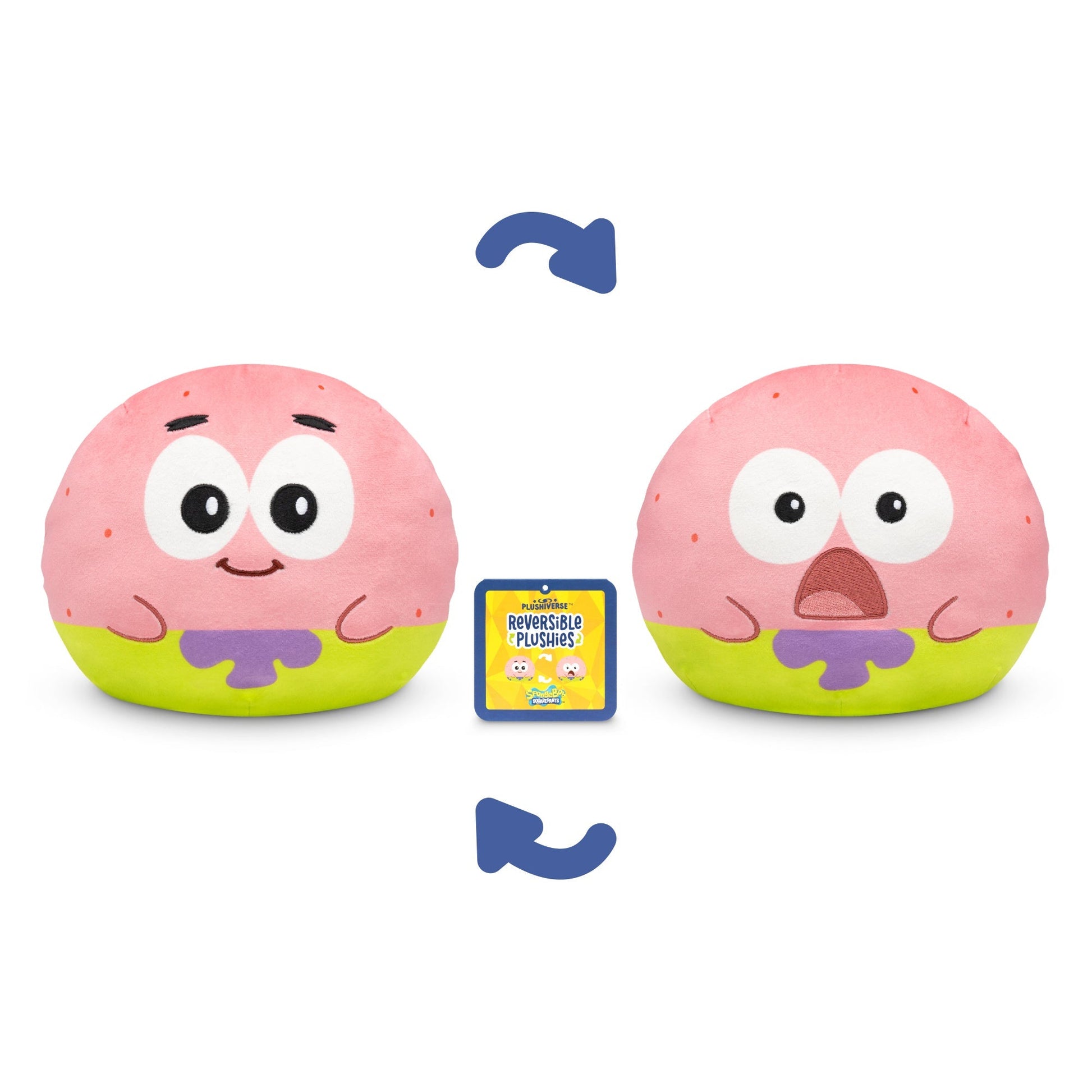 Two soft, round reversible plush toys from the SpongeBob collection feature different facial expressions—one happy, one surprised. Arrows indicate the ability to flip between expressions. A packaging card is centered below. These delightful stuffed toys are perfect for any fan! Introducing the Plushiverse Patrick 6” Reversible Plushie by Nickelodeon, a must-have for every SpongeBob enthusiast!