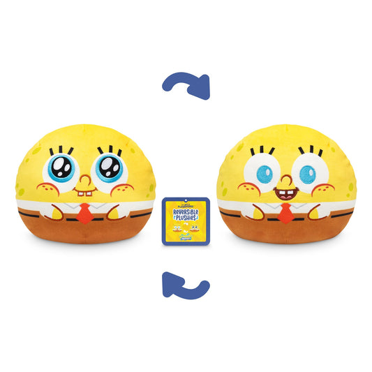 A Plushiverse SpongeBob 6” Reversible Plushie, part of the Nickelodeon collection, showcasing a character with one side depicting a calm expression and the other side showing a happy expression. Blue arrows indicate the reversible feature of this delightful stuffed toy.