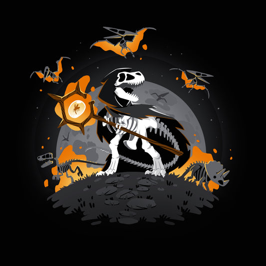 Premium Cotton T-shirt_TeeTurtle Prehistoric Resurrection black t-shirt featuring a skeletal t-rex in a black cloak holding a magic staff while standing on a hill with the moon rising behind it. In the background, there is a skeletal triceratops, skeletal velociraptor, and 3 skeletal pterodactyls flying overhead.