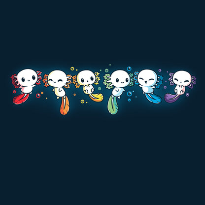 Premium Cotton T-shirt_TeeTurtle navy blue Axolotl Rainbow. Featuring a row of white axolotls with fins in a rainbow-colored sequence.