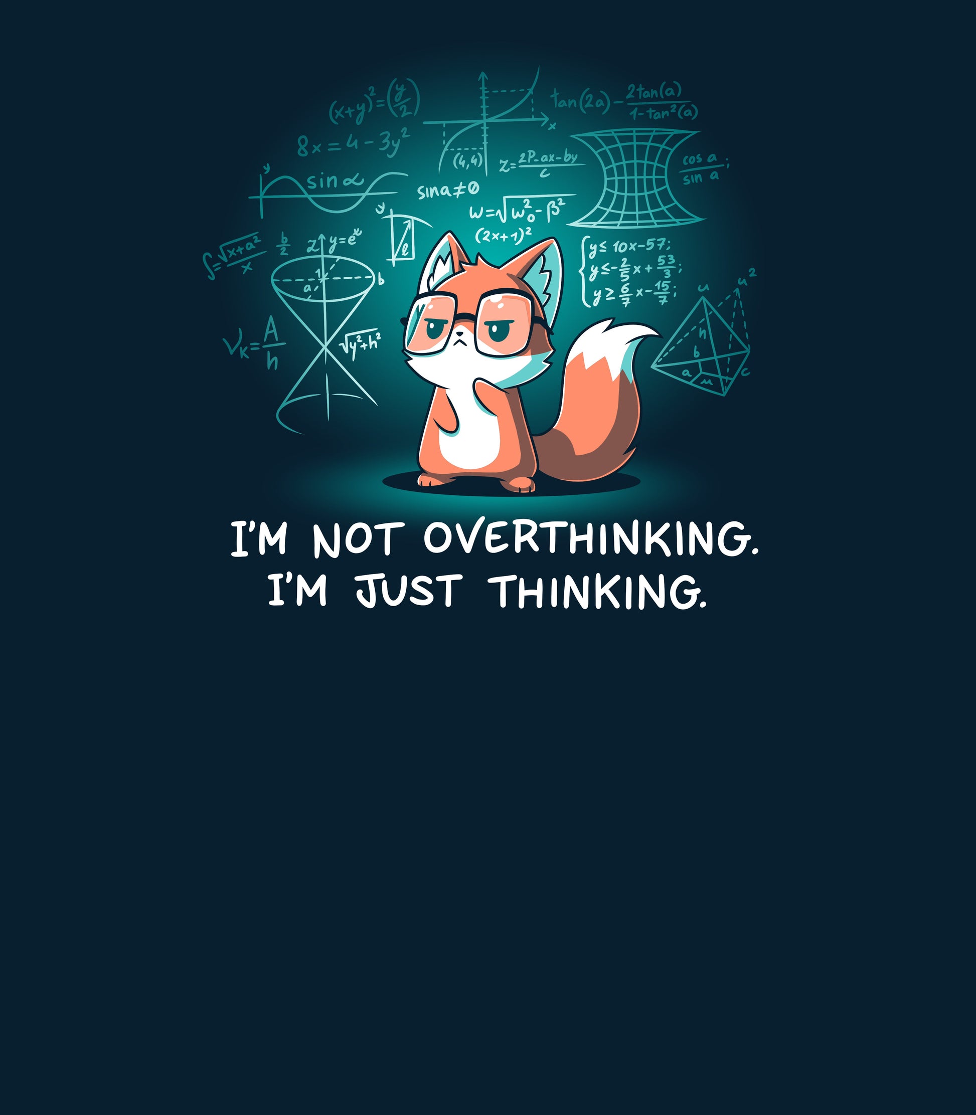 Long Sleeve T-shirt_TeeTurtle navy blue I'm Just Thinking. Featuring a thinking fox with glasses surrounded by mathematical equations.