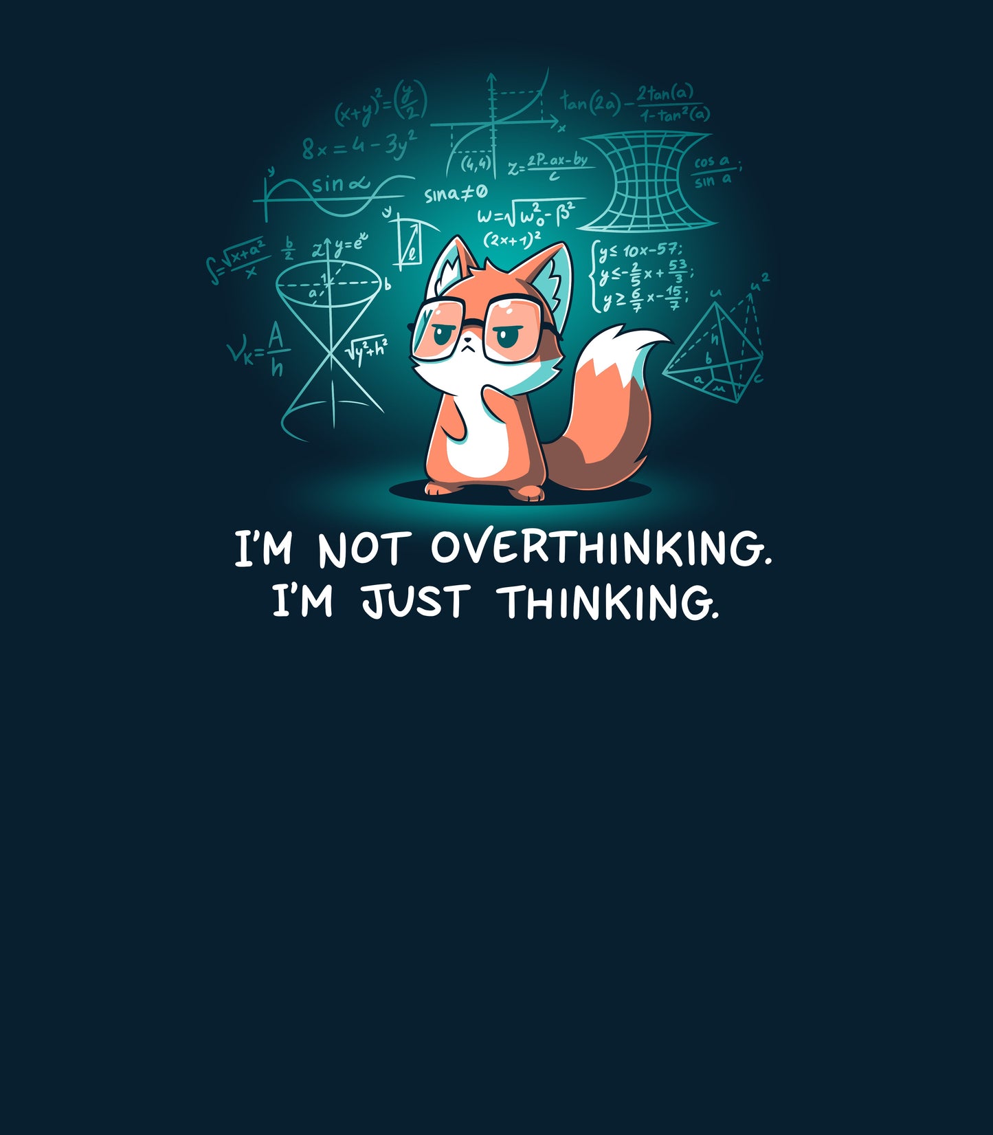 Crew Neck Sweatshirt_TeeTurtle navy blue I'm Just Thinking. Featuring a thinking fox with glasses surrounded by mathematical equations.