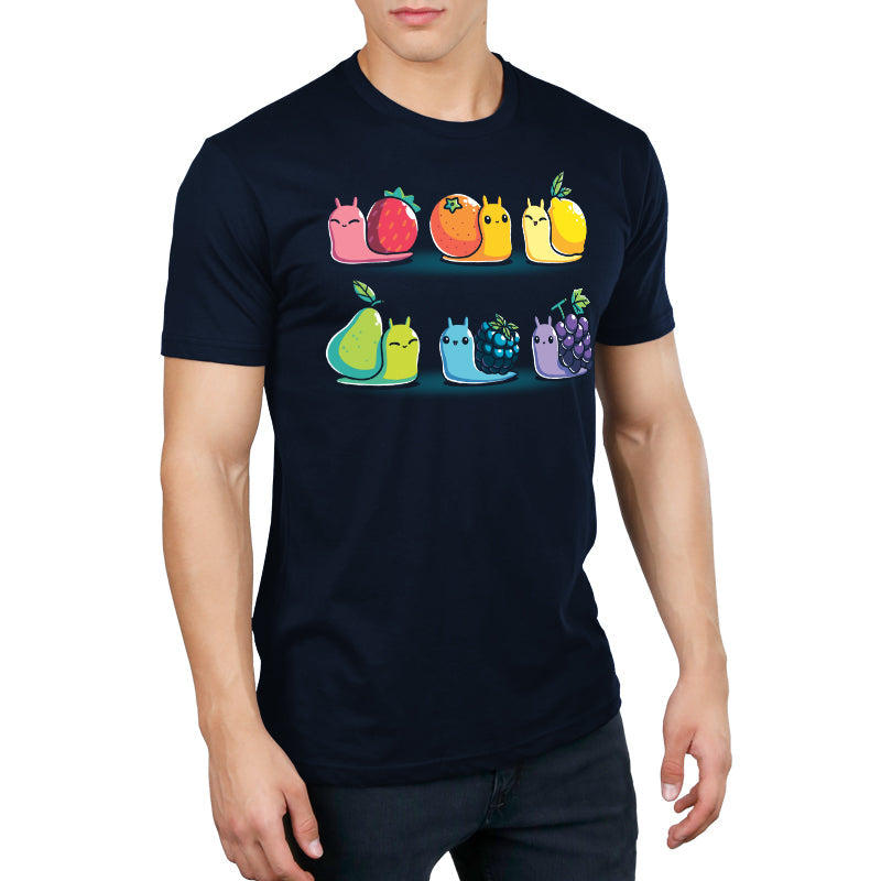 Premium Cotton T-shirt_TeeTurtle Rainbow Fruit Snails navy blue t-shirt featuring six colorful rainbow fruit snails with fruit shells: strawberry, orange, lemon, pear, blackberry, and grape.