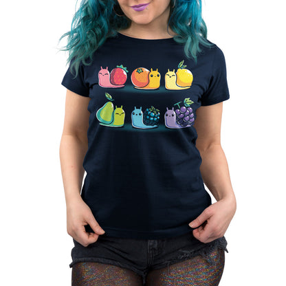 Premium Cotton T-shirt_TeeTurtle Rainbow Fruit Snails navy blue t-shirt featuring six colorful rainbow fruit snails with fruit shells: strawberry, orange, lemon, pear, blackberry, and grape.